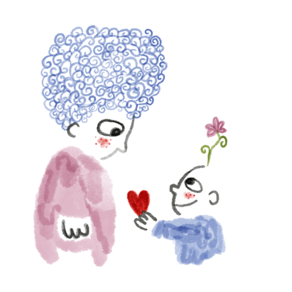 Illustration colorée représentant deux personnages, l'un avec des cheveux bouclés bleus, portant un pull rose, et un autre présentant un pull bleu, tendant un cœur rouge à l'autre personnage.