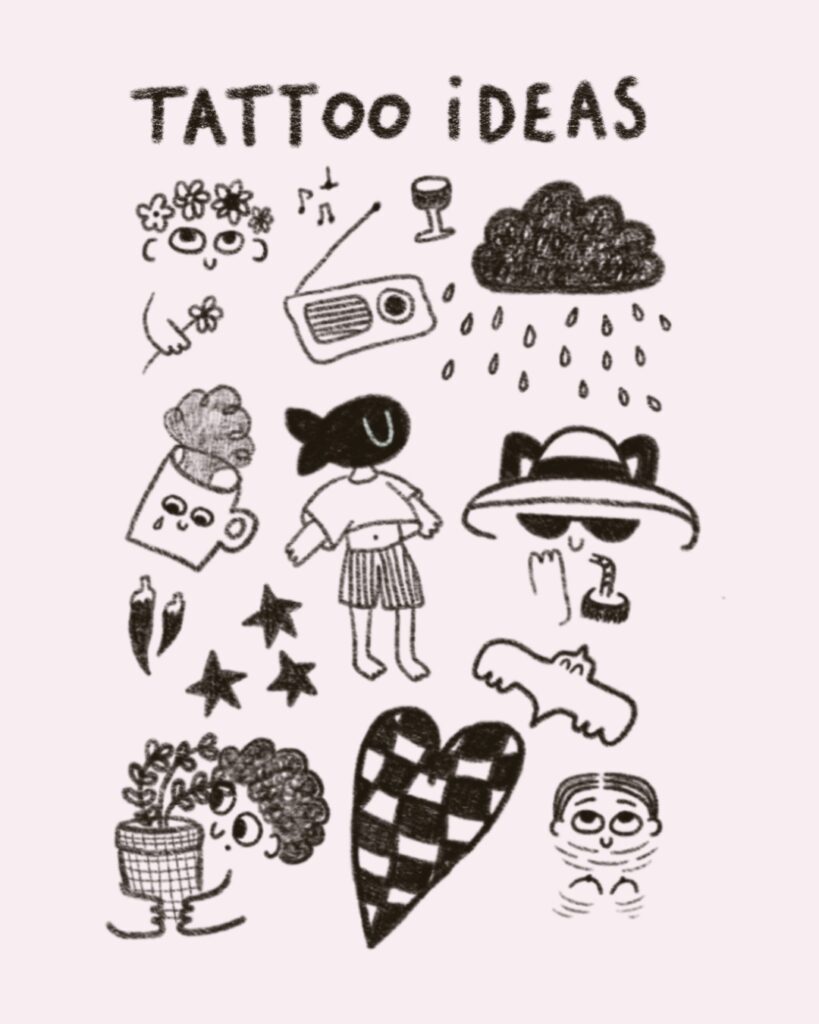 Illustration d'idées de tatouages, incluant divers motifs comme des fleurs, une radio, des étoiles, un cœur, et des personnages stylisés.