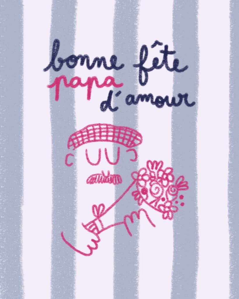 Illustration avec un homme portant une casquette, tenant un bouquet de fleurs avec le texte 'bonne fête papa d'amour' au-dessus, sur un fond à rayures.