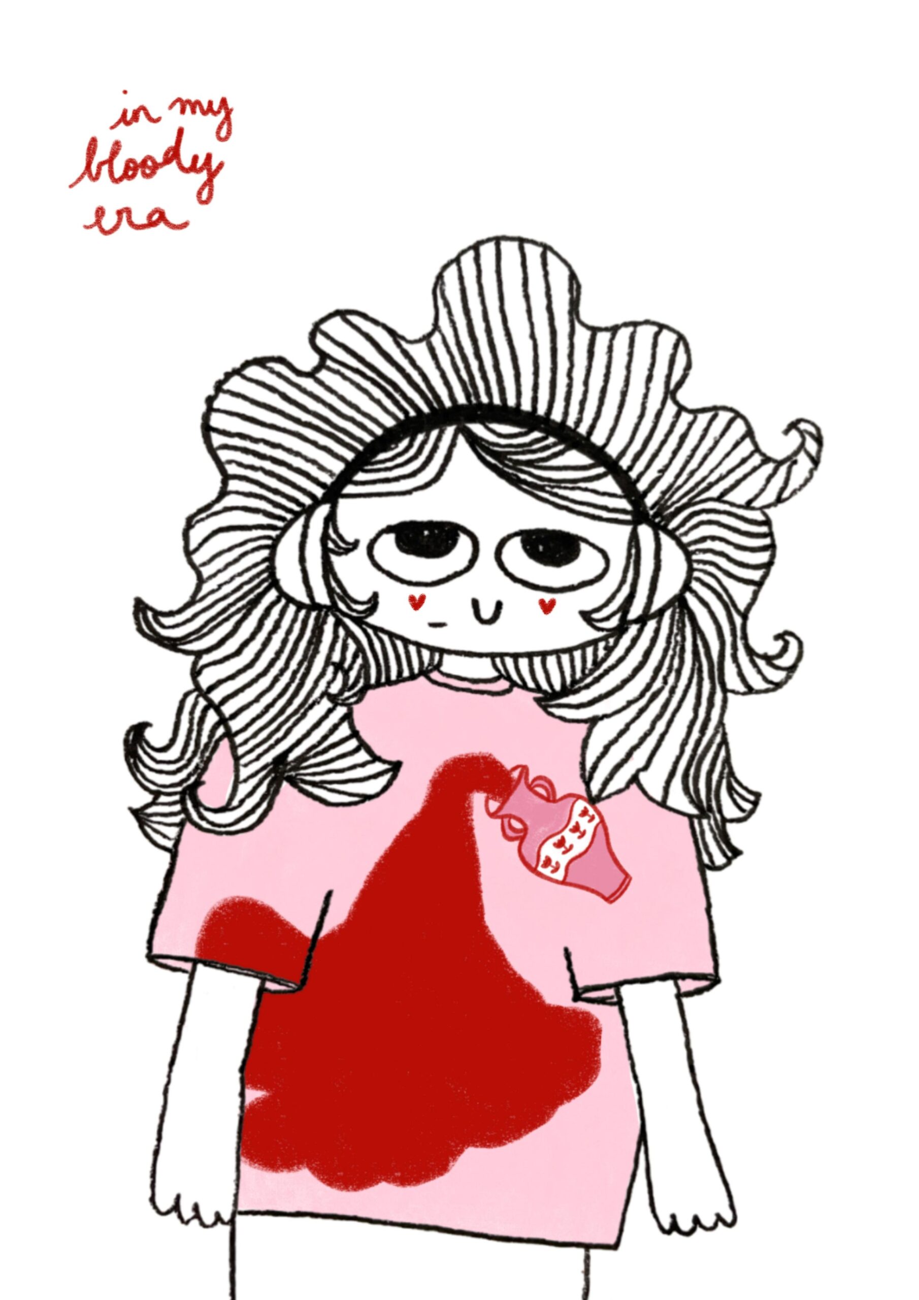 En collaboration avec Cycle Think Podcast. Une illustration d'une personne avec de longs cheveux noirs et une grande fleur en guise de couronne. La personne porte un t-shirt rose taché de rouge, symbolisant probablement du sang, et un patch avec un tampon. Le texte 'in my bloody era' est écrit en rouge en haut à gauche de l'image.